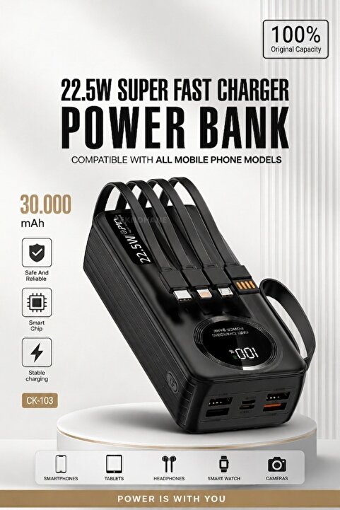 TEKNOHANE 30000 Mah Kendinden Kablolu Led Fener Kamp 22.5 Watt Süper Hızlı Powerbank Iphone Ve Android Uyumlu