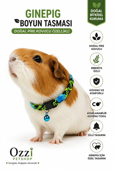 ozzipetshop Ginepig Boyun Tasması Doğal Pire ve Kene Kovucu - Biberiye Özlü Ayarlanabilir Kemirgen Tasması - Tavşan ve Guinea Pig İçin