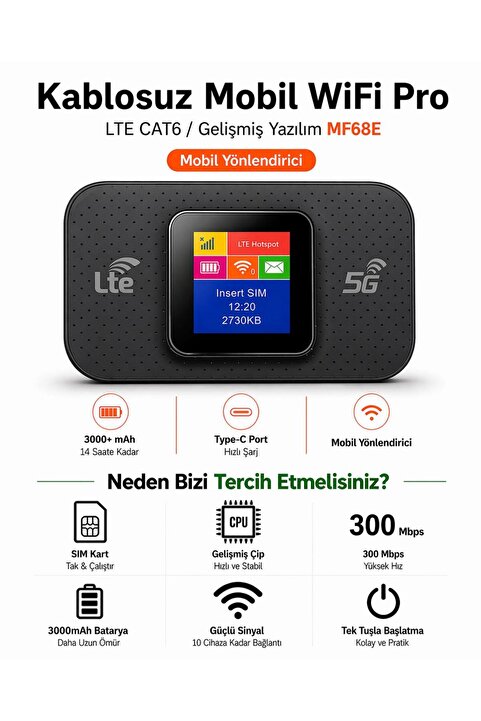 ATLT ATLANTİS KABLOSUZ MİNİ WİFİ PRO LTE 4G MODEM 3.000MAH SİM KARTLI 300MBPS YÜKSEK HIZLI KABLOSUZ YÖNLENDİRİCİ CEP TELEFONLARI DİZÜSTÜ BİLGİSAYARLAR VE TABLETLER İÇİN UYGUN 10 CİHAZA KADAR BAĞLANTI TAŞINABİLİR