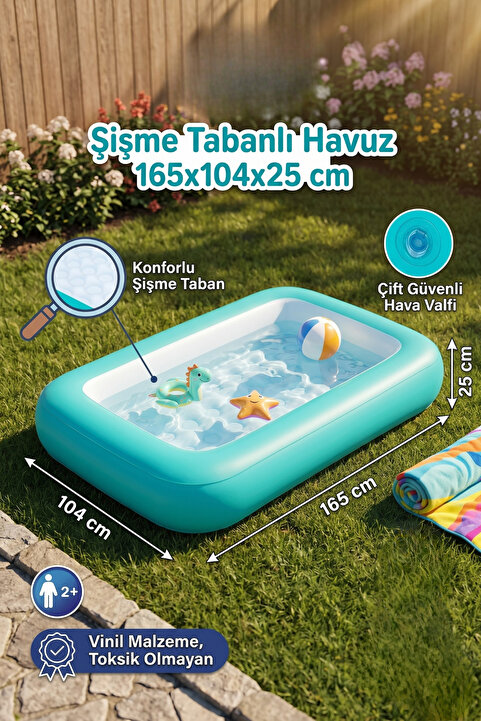 craftivio Şişme Tabanlı Çocuk Ve Bebek Havuzu Dikdörtgen Balkon Bahçe Havuzu 165x104x25 cm