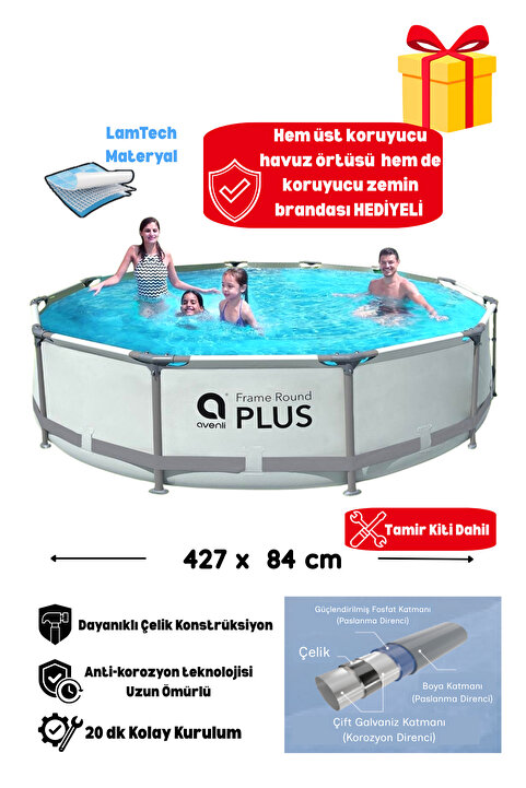 Kalitomi 427x84 cm Metal Gövde Bahçe Havuzu – Paslanmaz Çelik Konstrüksiyon Kolay Kurulumlu Aile Havuzu Kouryucu Alt Üst Branda Hediyeli Tamir Kiti Dahil
