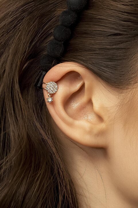 By Barun Silver Kıkırdak Earcuff Yuvarlak Tektaş 925 Ayar Zirkon Rose Pembe Sol Kulak Sıkıştırmalı Gümüş Küpe