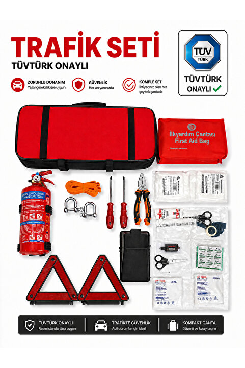 HANGAST ARAÇ TRAFİK GÜVENLİK SETİ | 1 KG YANGIN SÖNÜRÜCÜ+İL YARDIM+REFLEKTÖR+ÇEKME HALATI+PENSE+TORNAVİDA