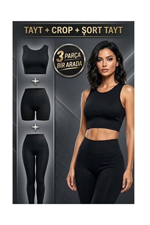 lzv Premium 3 Parça Spor Takım Siyah – Dalgıç Kumaş Yüksek Bel Toparlayıcı (Tayt-Biker Şort-Crop)