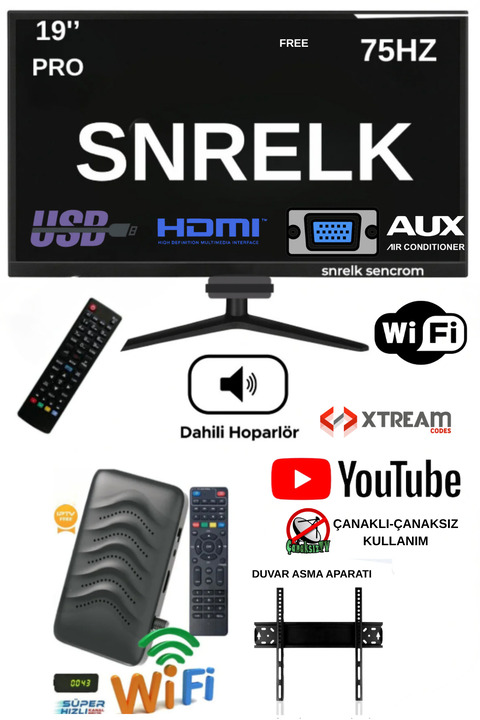 SNRELK 19'' 49 EKRAN PRO DAHİLİ HOPARLÖR (DAHİLİ WİFİ) UYDU ALICISI FULL SET TV MONİTÖR HDMI-VGA-RCA