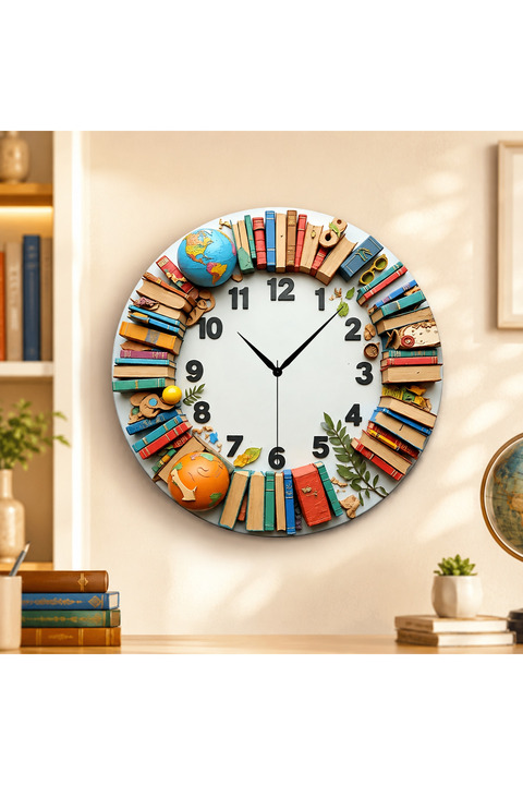AA Shop Kitap Öğretmen Renkli Baskı Desenli Sayılı Yılbaşı Hediyelik Ahşap Sessiz Tablo Duvar Saati