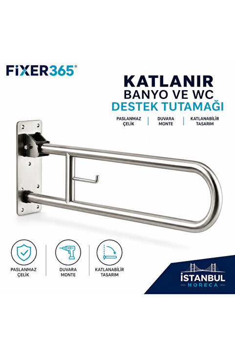 Fixer365 Yaşlı Hasta Engelli Paslanmaz Hareketli Mafsallı WC Kağıtlıklı Klozet Yanı Tutunma Barı Katlanır Banyo ve WC Destek Tutamağı