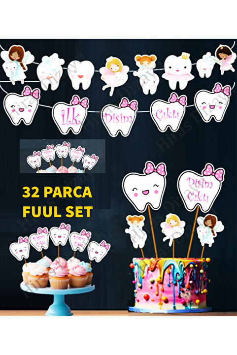 Hiras Dizayn 32 Parca Kız Çocuk Dis Buğdayı 5 Adet Konuşma Balon 26 Prc Banner Pasta Kürdanı Cupcak