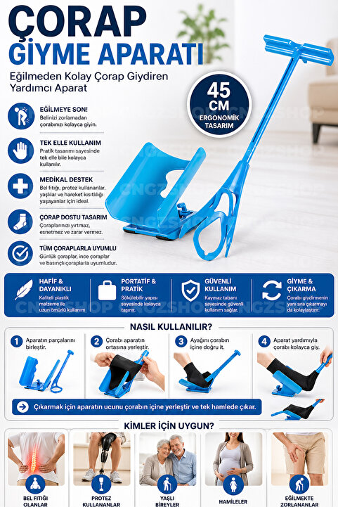 CNGZSHOP Çorap Giyme Aparatı | Eğilmeden Kolay Çorap Giydiren Yardımcı Aparat 45 cm