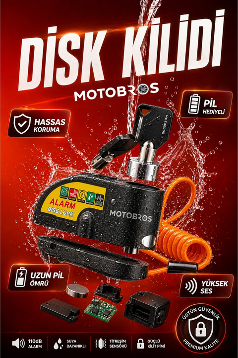 Motobros Çelik Disk Kilidi – Alarm & Hatırlatma Kablolu, Yüksek Sesli – Motosiklet Güvenlik