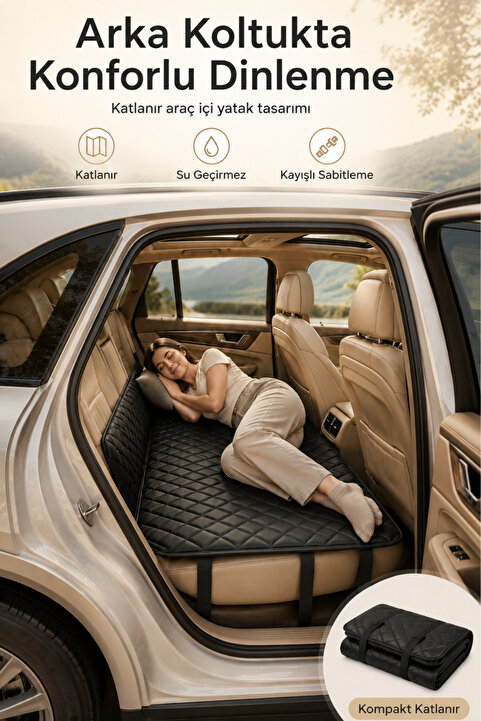 Arfseb Araba Yatağı Katlanabilir Arka Koltuk Yatağı PU Deri Araç İçi Yatak SUV Ve Sedan Kamp Seyahat- Siyah 125X80Cm