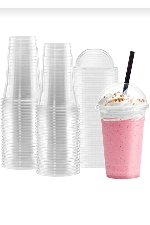 Miopack Pipet Hariç 350 Cc Plastik Pet Limonata Milkshake Bardağı Kapaklı 50li Bardak