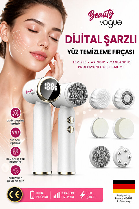 Beauty Vogue 6 Başlık 3 Aşamalı Led Şarjlı Ekranlı Peeling Yüz Masaj Cilt Bakım Cihazı Aleti Frimatör Brush