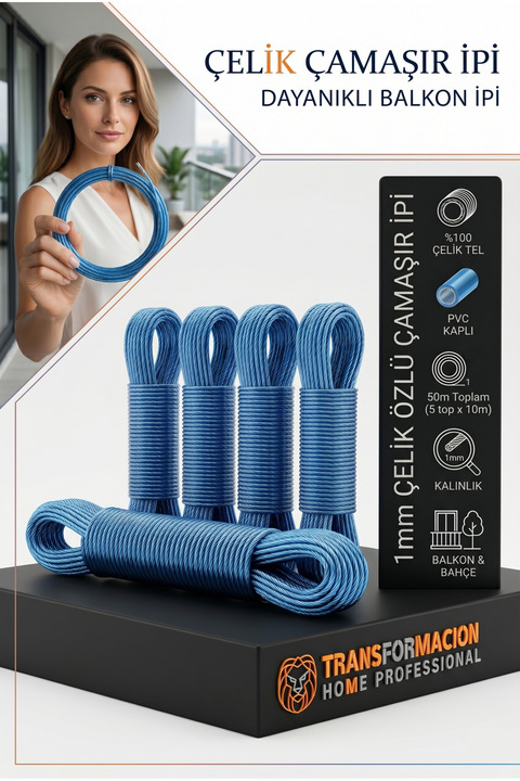 Transformacion 50 Metre Çelik Çamaşır İpi, PVC Kaplı Paslanmaz Balkon Teli, Esnemez Dayanıklı İp 718621