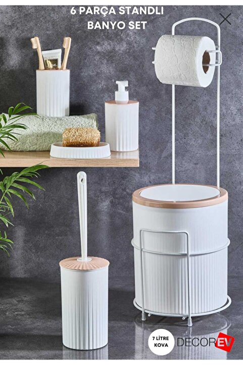 Decorev Banyo  Set  6 'lı Metal Standlı Tuvalet Wc Kağıtlık Lüks Set