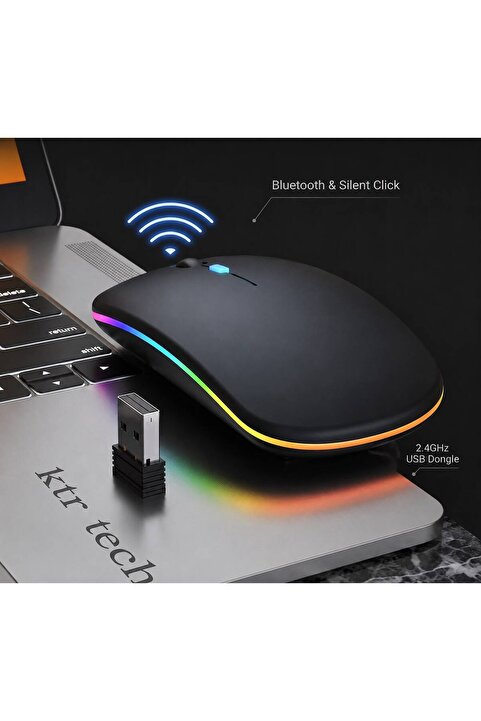 KTR TECH Şarjlı Kablosuz Sessiz Mouse Rgb Led Işıklı Ultra Slim Usb 2.4ghz Siyah Ledli 800/1200/1600dpi