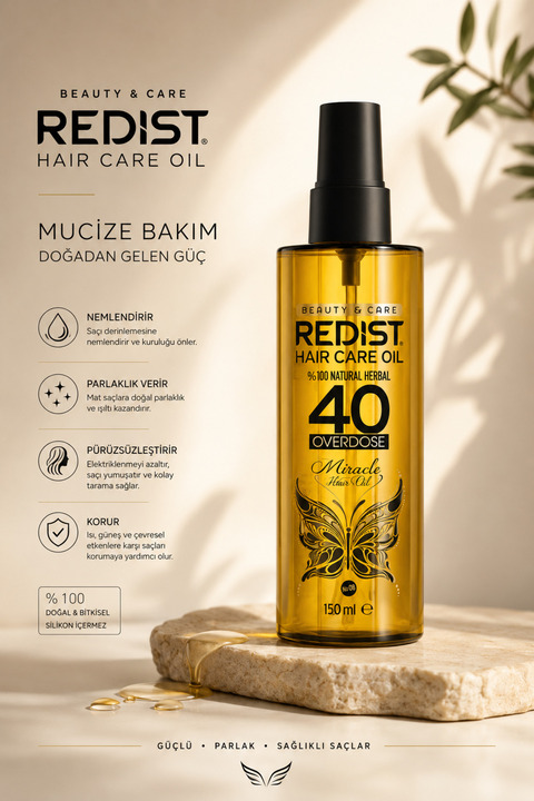 Redist %100 Doğal - Vegan 40 Bitkili Saç Bakım Yağı –Yıpranmış Cansız Saçlara Özel 150 ml