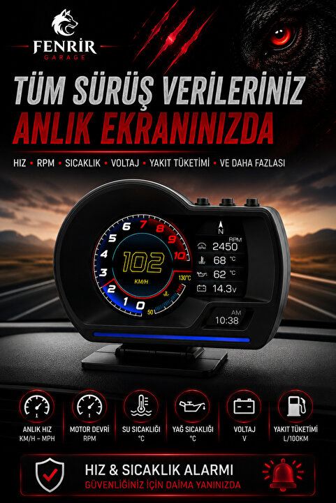 Fenrir Garage Head Up Display Araç Dijital Kilometre OBD2 + GPS HUD Hız Alarmı RPM Su Sıcaklığı Basınç Evrensel