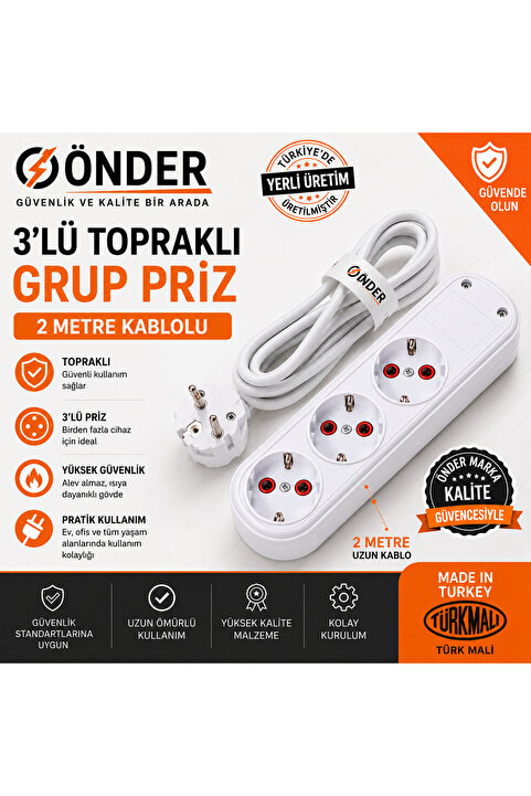 Amiral electric 2 Metre Kablolu Topraklı Ara Kablosu Uzatmalı Seyyar 3lü Grup Priz
