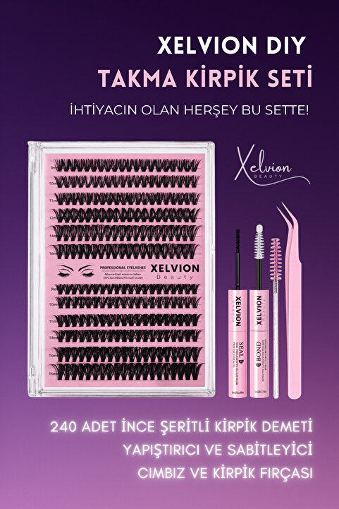 XELVION BEAUTY 240'lı Takma Kirpik Seti, Yapıştırıcı, Sabitleyici, Cımbız ve Kirpik Fırçası