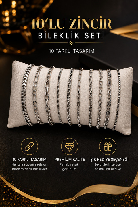 Kusakli 10'lu Gümüş Renk Zincir Bileklik Seti
