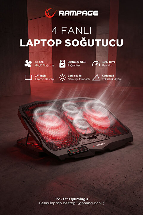 Rampage Ad-rc4 Işıklı Gaming Laptop Soğutucu 2x125mm 2x70mm 15-17 Notebook Soğutucu Stand