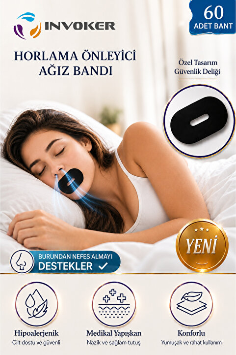 INVOKER Horlama Önleyici Ağız Bandı Anti Horlama Desteği Hipoalerjenik Ağız Kapama Uyku Bandı 60 Adet