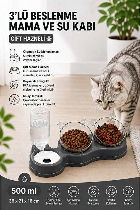 Glipet Çift Hazneli- 3' Lü Beslenme Mama Ve Su Kabı 500ml 36*21*16 Cm