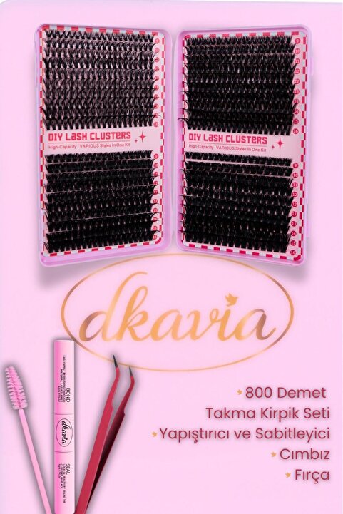 DKAVIA Takma Kirpik Seti 800 Demet Kirpik,Yapıştırıcı, Sabitleyici, Cımbız ve Fırçasıyla ( 30-40-60-80D )
