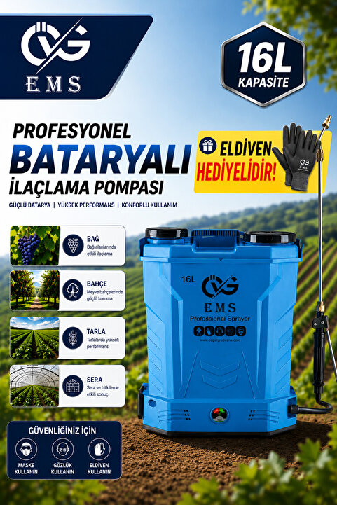 ÖVG EMS 16 Lt Akülü Sırt Tipi İlaçlama Pompası | Yedek Parçalı | Eldiven Hediyeli 🎁