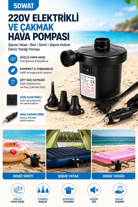Magic Water 220v 50wat Elektrikli Ve Çakmak Hava Pompası Şişme Yatak Bot Simit Şişme Koltuk Deniz Yatağı Pompa