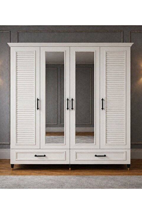 Noiss Home Decor Barlas 4 Kapılı Gardırop Elbise Dolabı Askılı Raflı Yatak Odası Dolabı