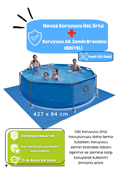 Kalitomi 427x84 cm Metal Gövde Bahçe Havuzu – Paslanmaz Çelik Konstrüksiyon Aile Havuzu + Örtü ve Zemin Brandası Hediyeli Tamir Kiti Dahil