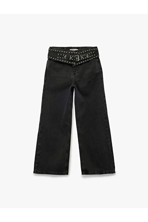 Koton Kuşgözü Detaylı Pamuklu Kemerli Geniş Paça Denim Pantolon