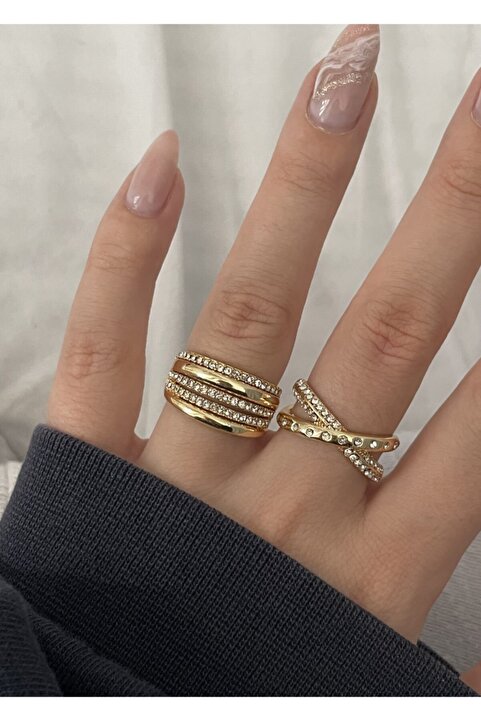 KİLİGİSTANBUL Gold Renk Zirkon Taşlı Çapraz Ve Düz Yüzük Çifti