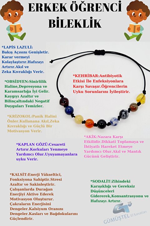 GÜMÜŞTEL EL SANATLARI Sertifikalı Erkek Öğrenci Bileklik Lapis Kehribar Sodalit Kalsit K Gözü Krizokol Akik Obsidyen