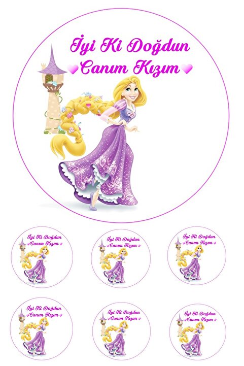 Pasta9 Yenilebilir Pasta Resmi Rapunzel Pirinç Kağıdından 6-8-10 Kişilik Pastaya Uygun 16 cm