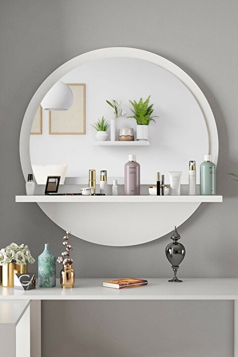nysamo Yuvarlak Raflı 45cm Beyaz Koridor Dresuar Konsol Duvar Salon Banyo Ofis Çocuk Yatak Oda Raflı Aynası