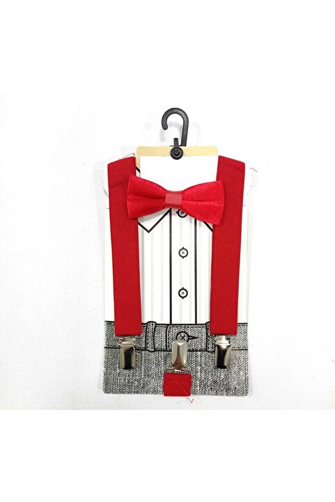 ABİYEKİDS Çocuk Kırmızı Papyon Pantalon Askı Seti