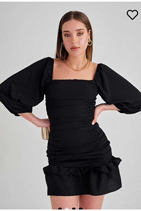 Secret Passion Lingerie Eteği Katlı Uzun Kollu Esnek Krep Kumaş Siyah Abiye Ve Mezuniyet Elbisesi Mini Elbise 581878 639