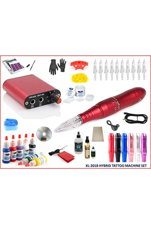 XLINETATTOO Xl-201b Hybrıd Kalem Tipi Hız Ayarlı Dövme Makinası Seti - Swıss Motor- 2 Yıl Garantili - Red Desıgn