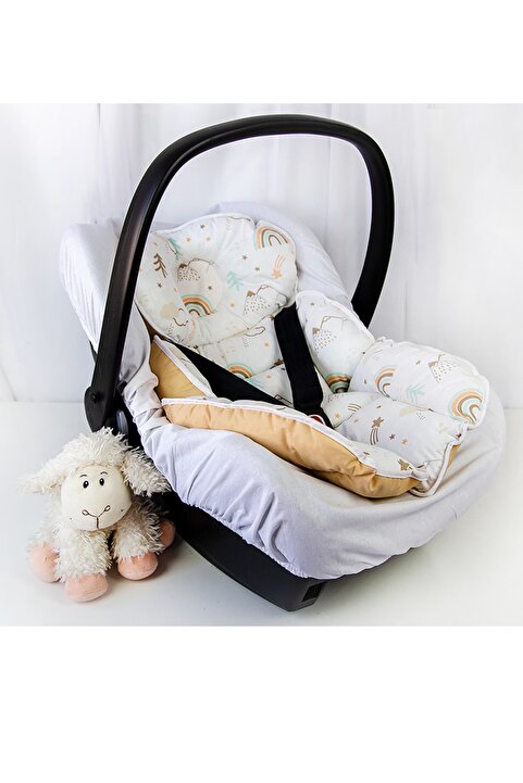 Babynest Puset Minderi Ve Puset Çarşafı %100 Pamuk Gökkuşağı Bej