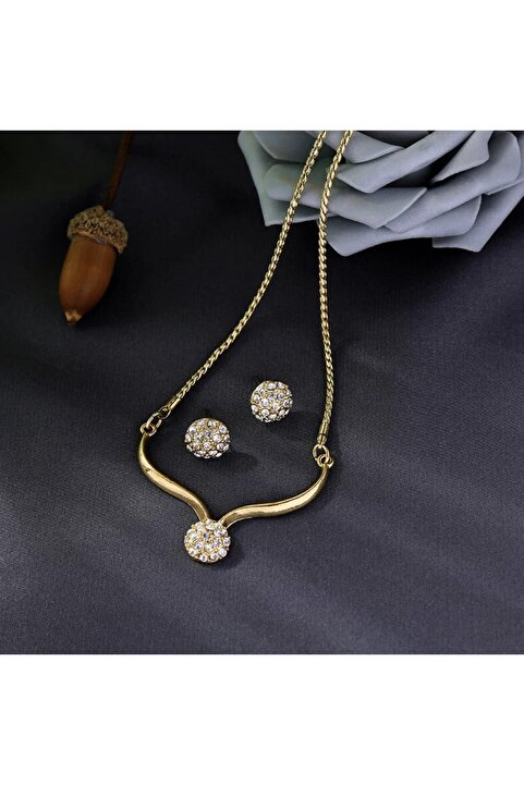 Takıtolia Medusa - Altın Gold Renkli Taşlı Kolye Ve Küpe Hediye Sade Şık Takı Seti