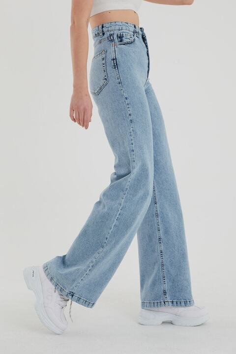 Livik Kadın Açık Mavi Kar Yıkama Yüksek Bel Bol Paça Denim Kot Pantolon
