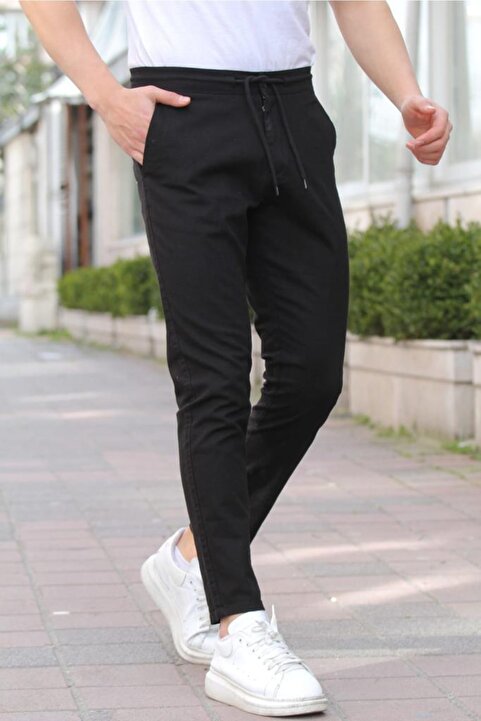 Tarz Cool Siyah Erkek Eganis Ipli Jogger Düğmeli Kumaş Pantolon-jggrkmpnt01r0131