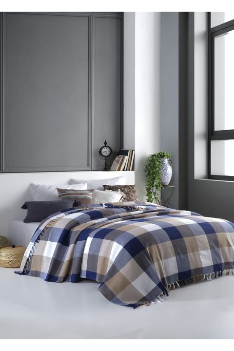 Lux Touch Scotch Mavi-bej Çift Kişilik Pike 200 X 220 Cm Koltuk Yatak Kanepe Örtüsü Pamuklu Dokuma
