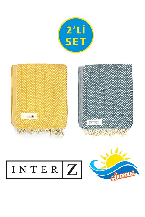 INTER Z 2'li Set Peştemal Plaj Havlusu , %100 Pamuk , Xxl 100x180cm, Marmaris, Bal Sarısı-mavi