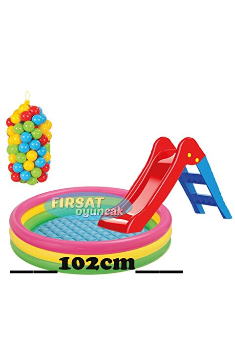Fırsat Oyuncak Kaydırak 102x25 Cm Tabanı Şişmeli Havuz 100 Adet 6 Cm Top