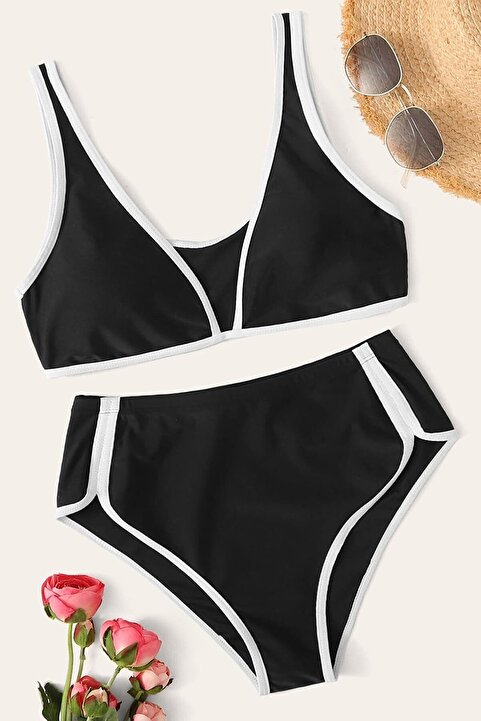 İçindeki Moda Kadın Siyah Büstiyerli Pedli Yüksek Bel Bikini Takımı