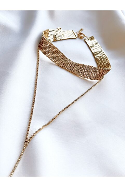 WAHSHE 2 Parça Zirkon Taşlı Tasma Choker Kolye Gold